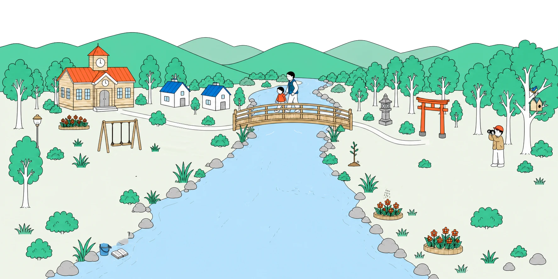 栗山町の里山と川のイラスト