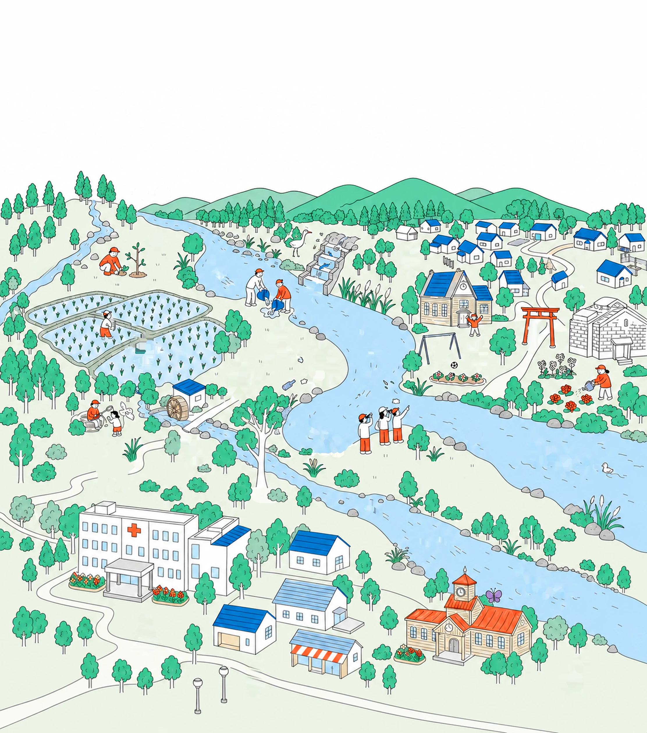 栗山町の里山と夕張川のイラスト